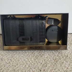 ALDO Black Textured Chain-Strap Crossbody with Round Coin Pouch